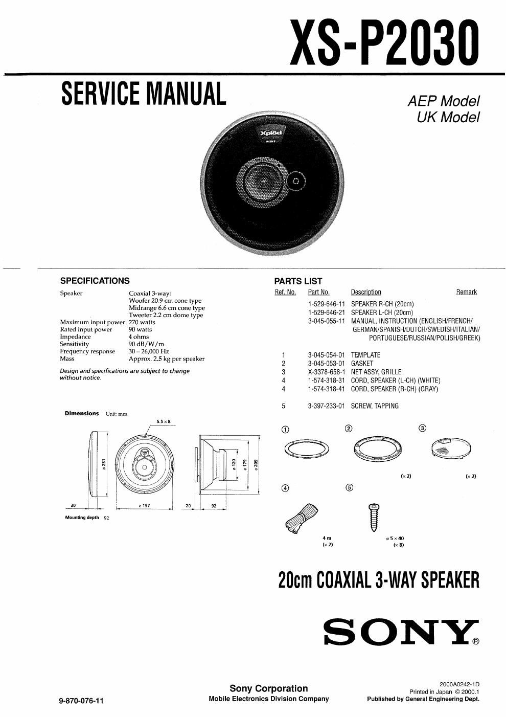 sony xs p 2030 service manual