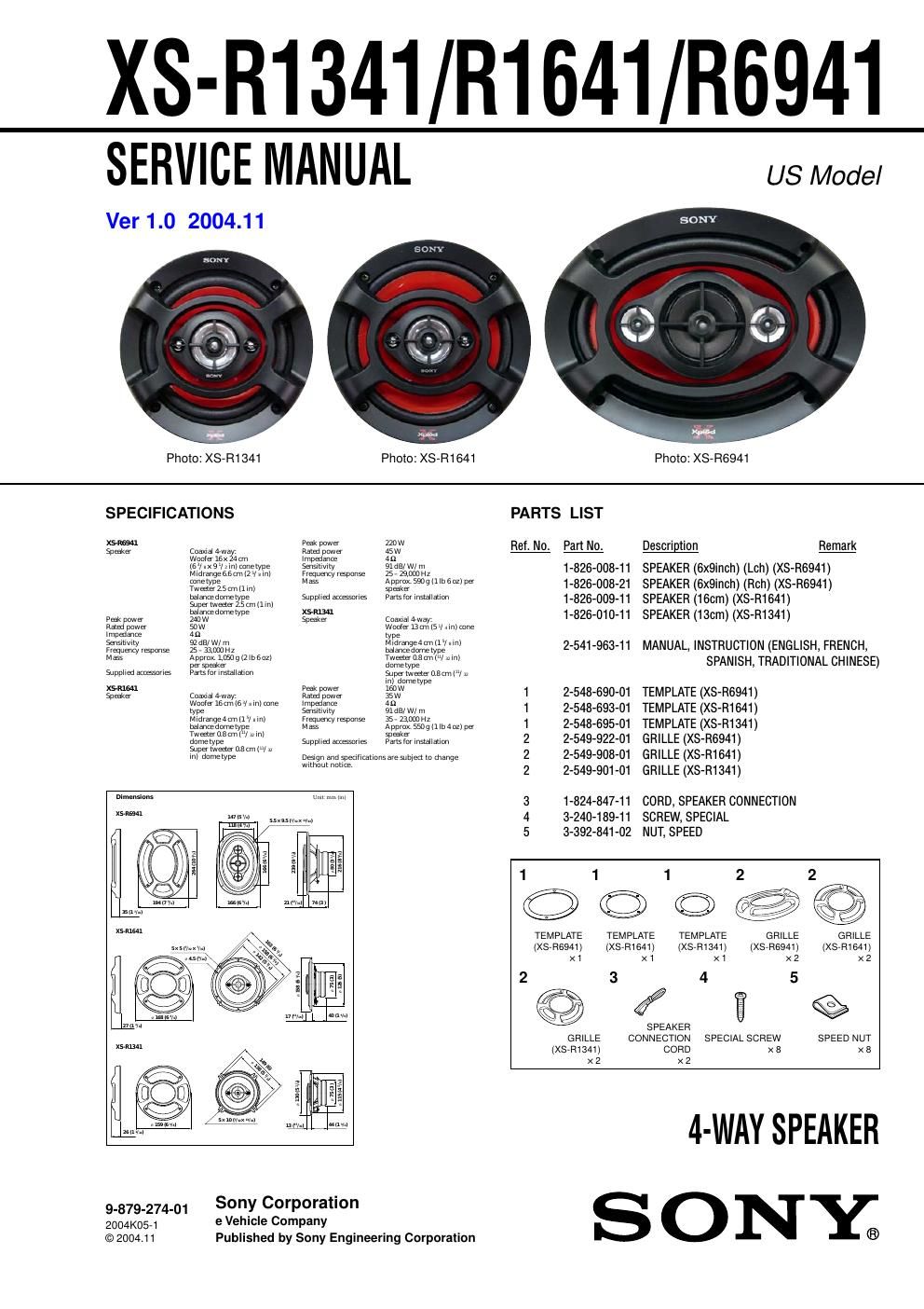 sony xs r 1341 service manual