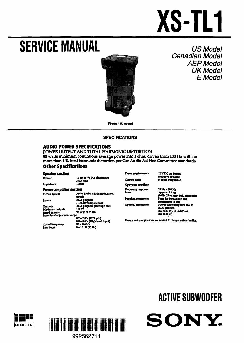 sony xs tl 1 service manual