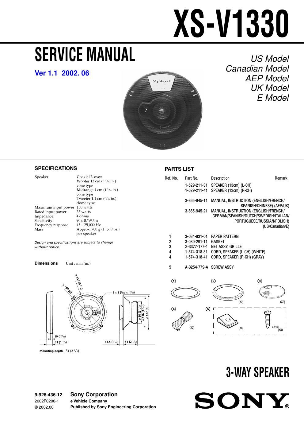 sony xs v 1330 service manual