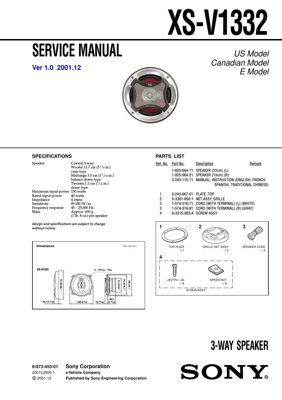 sony xs v 1332 service manual