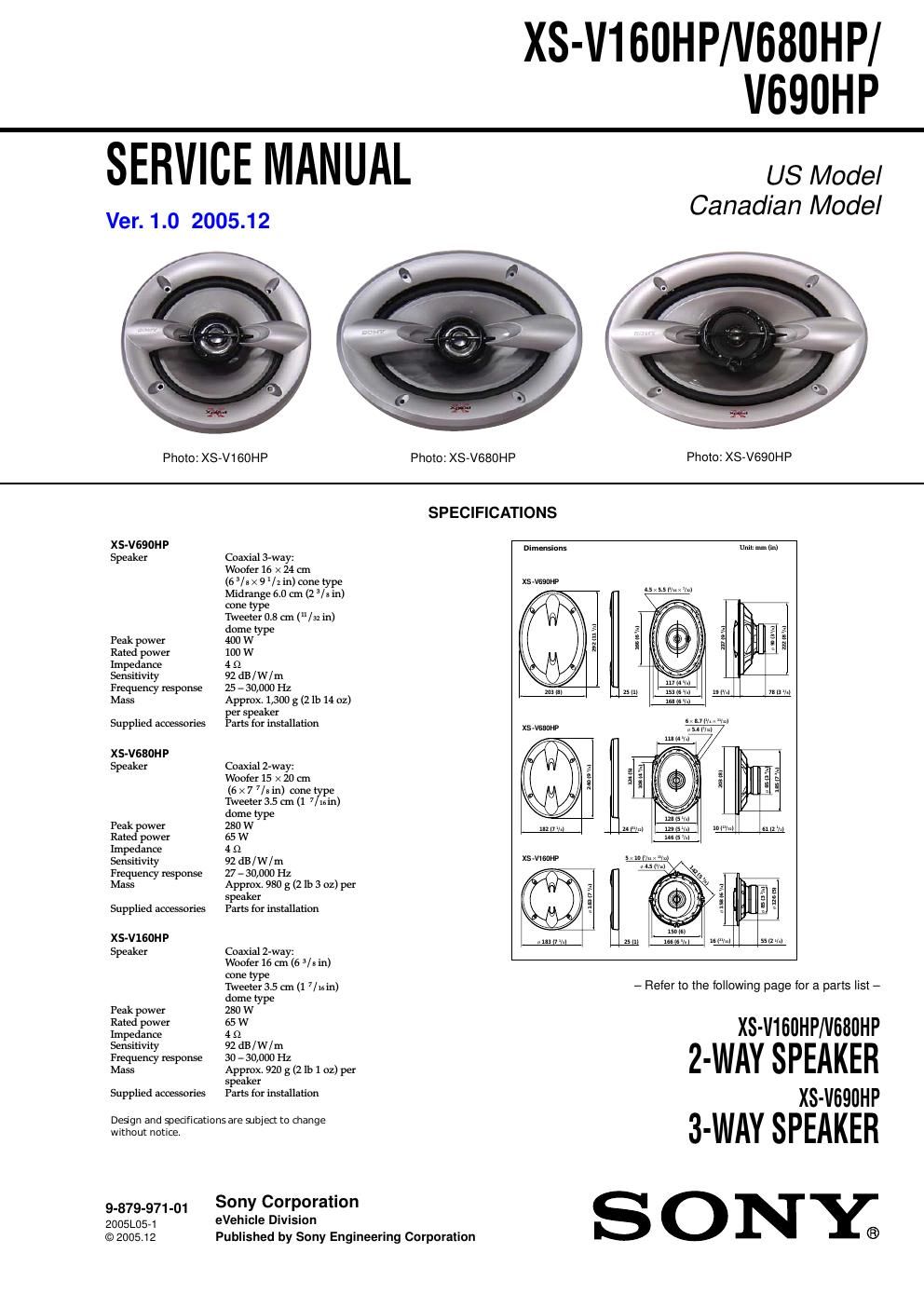 sony xs v 160 hp service manual