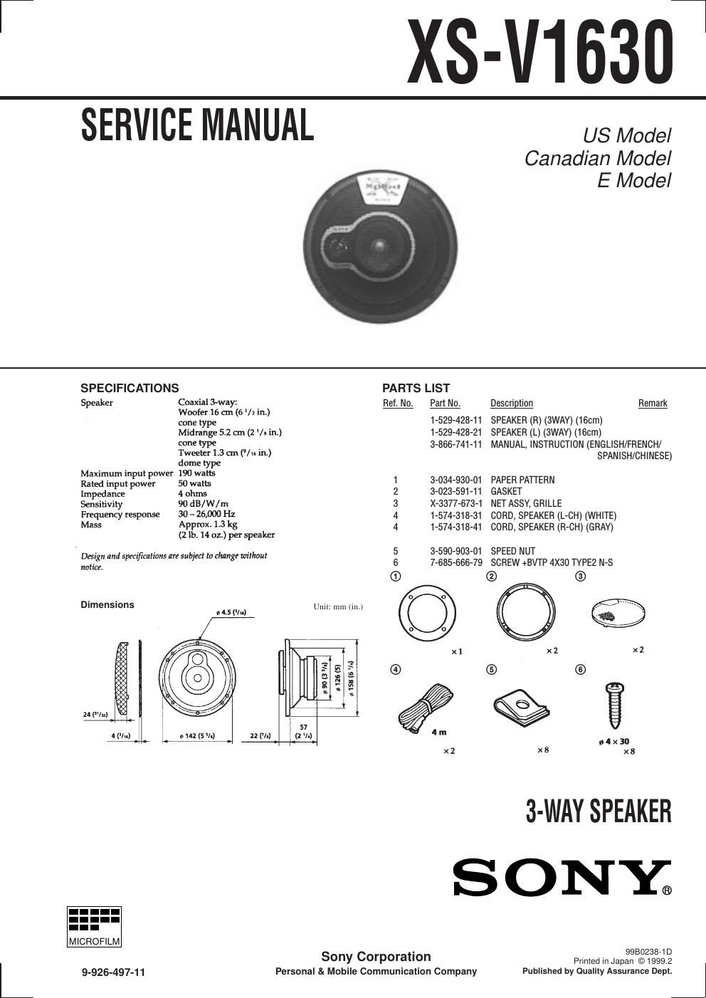 sony xs v 1630 service manual