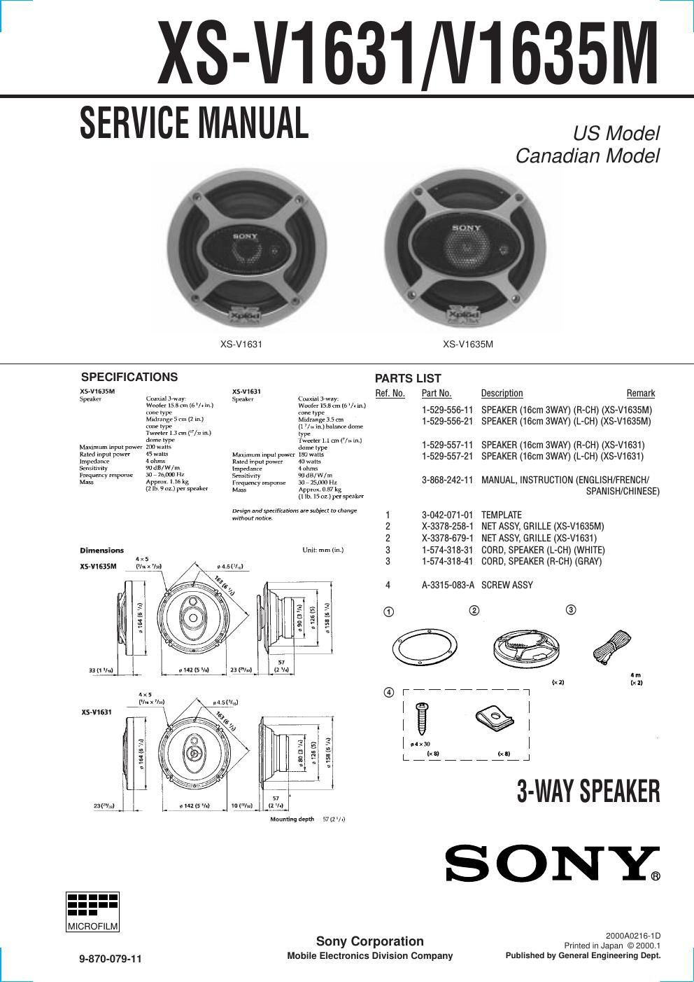 sony xs v 1631 service manual