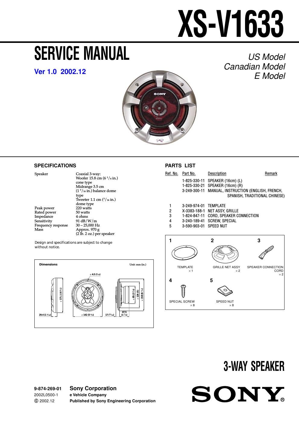 sony xs v 1633 service manual