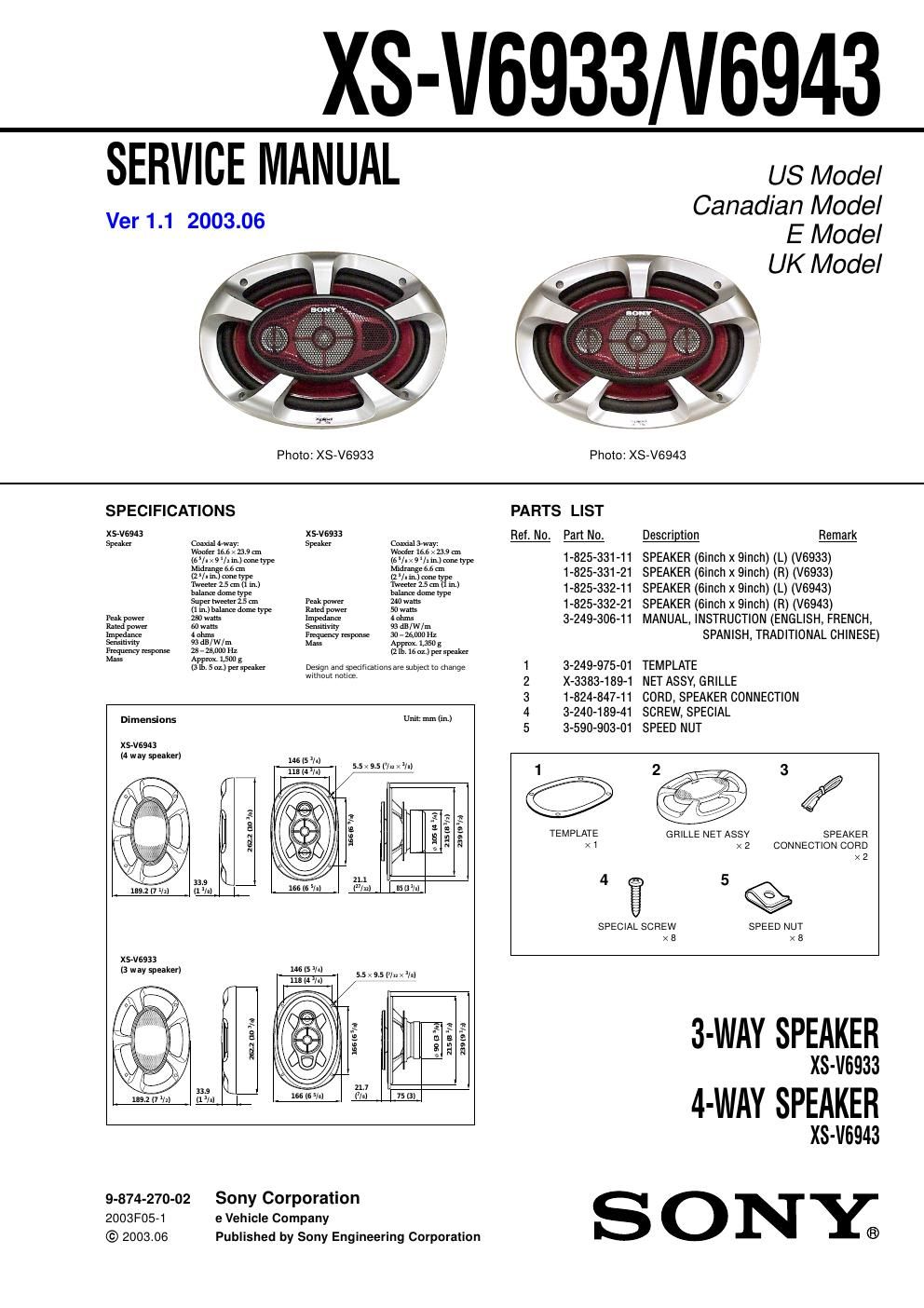 sony xs v 6943 service manual