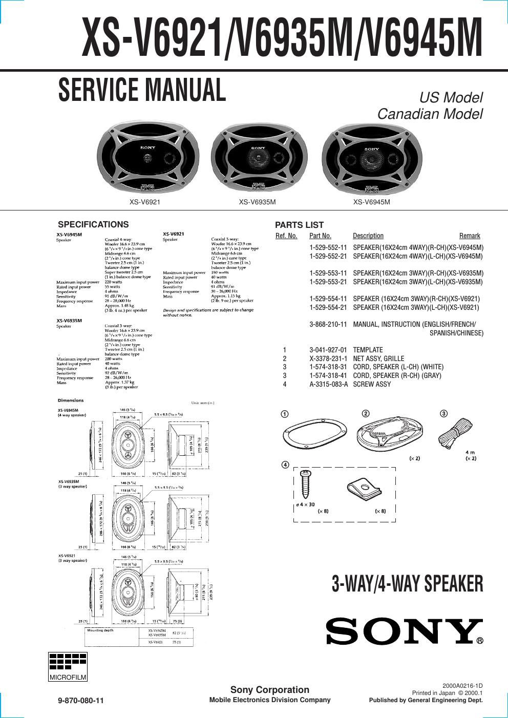 sony xs v 6945 m service manual