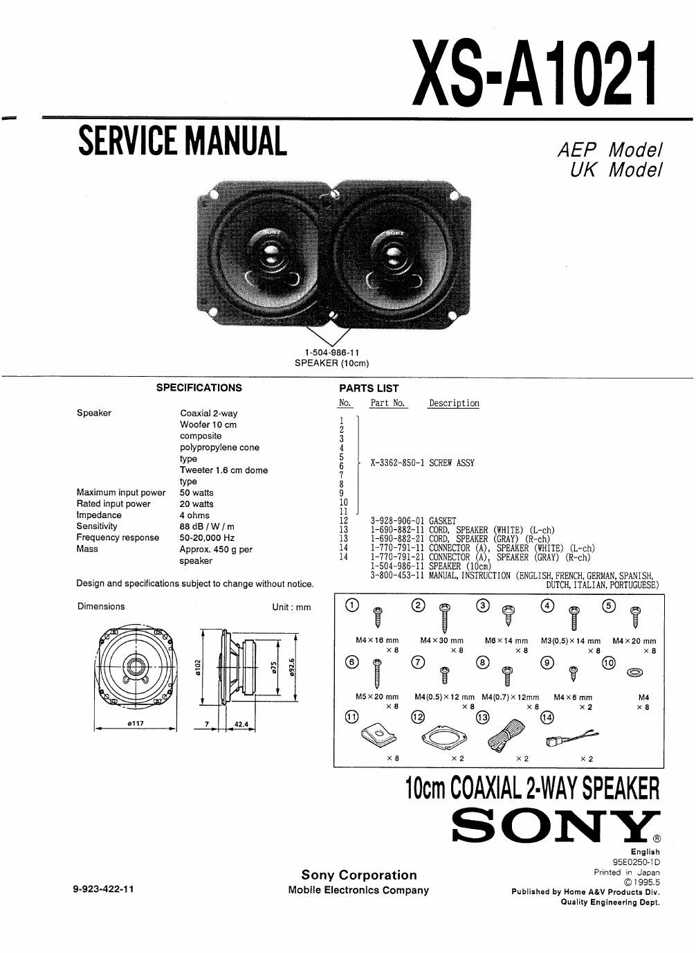 sony xs xa 1021 service manual