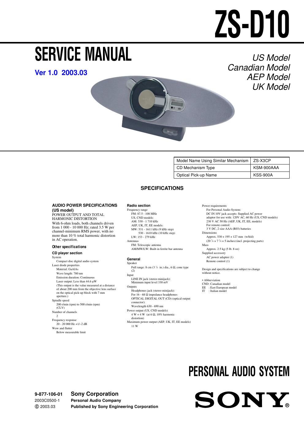 sony zs d 10 service manual