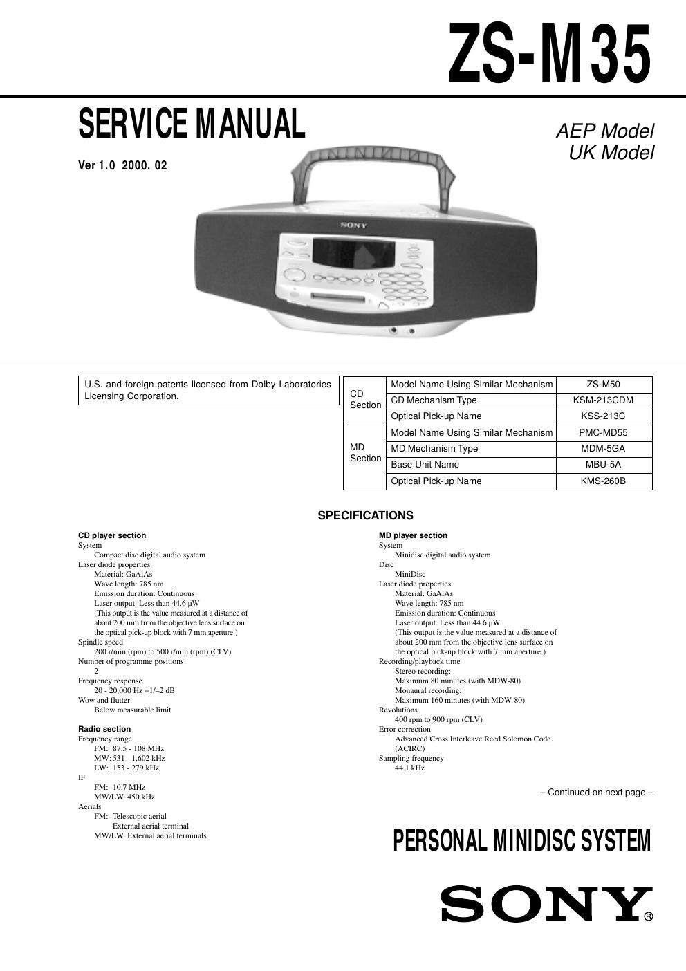 sony zs m 35 service manual