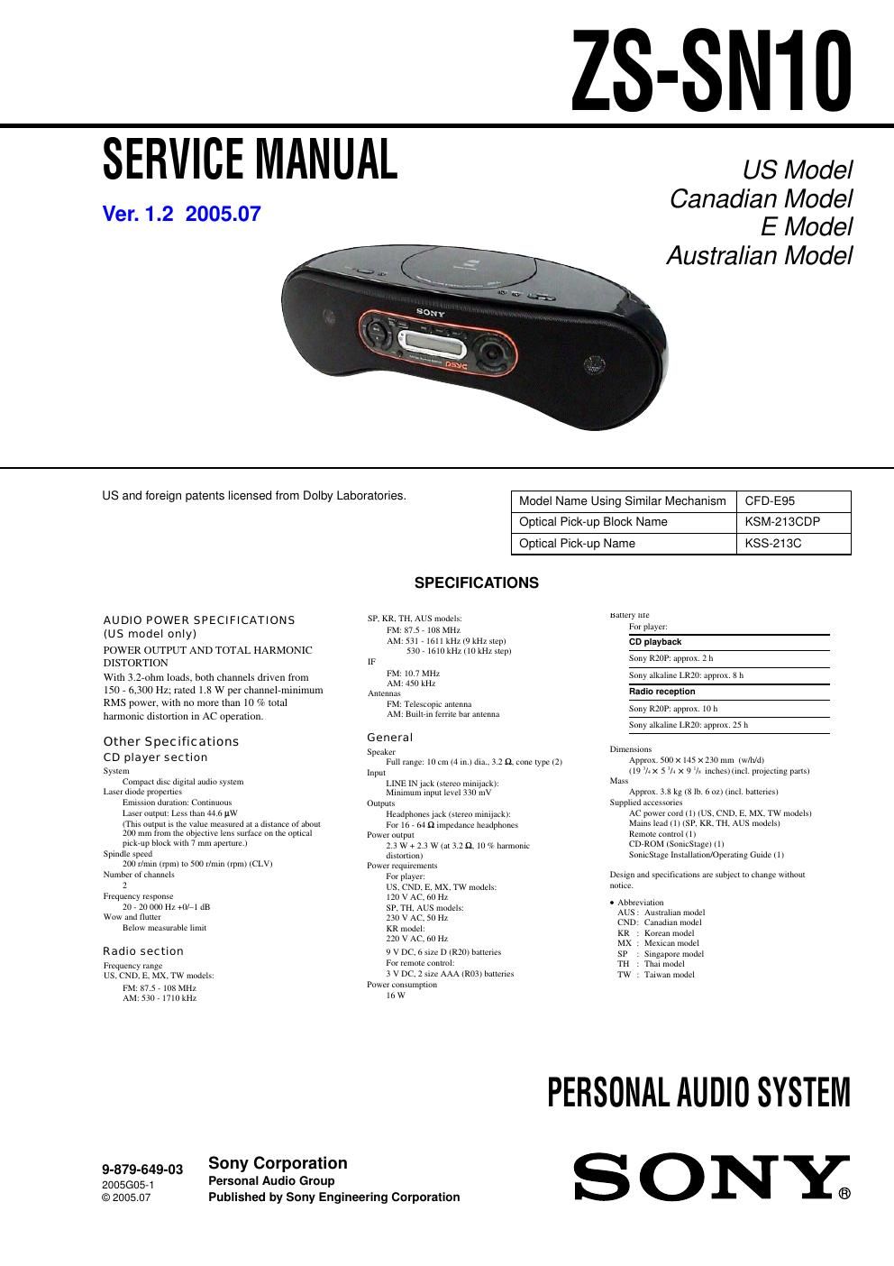 sony zs sn 10 service manual