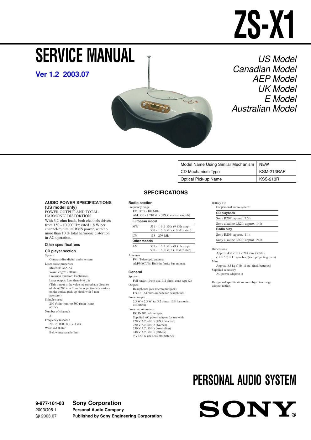 sony zs x 1 service manual