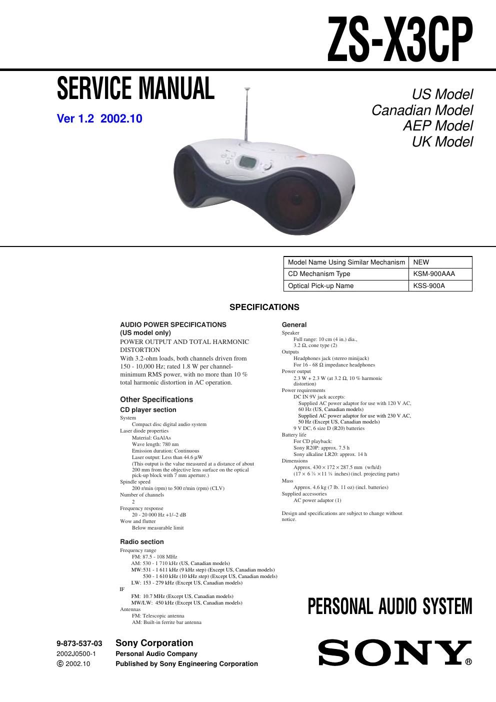 sony zs x 3 cp service manual