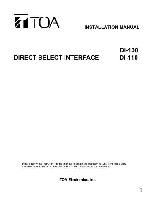 toa di 100 installation manual