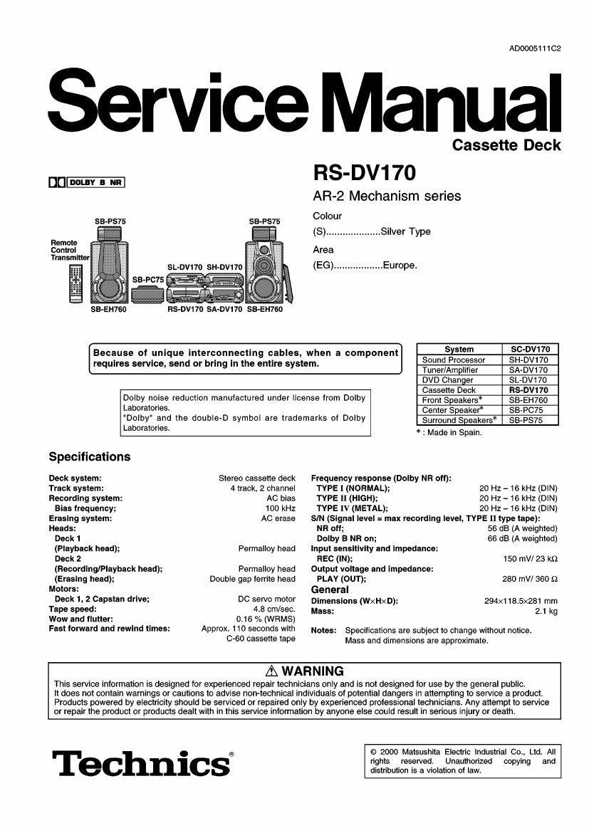 Free Audio Service Manuals - Free download Technics RSDV 170 Service Manual