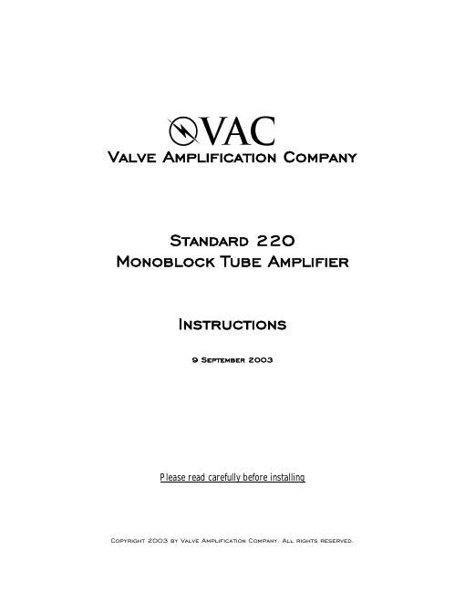 vac standard 220 owners manual