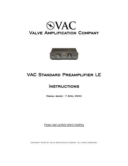 vac standard pre le owners manual